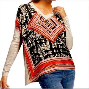 CABI Cream/Red/Black Silk Aztec Print Oversized Long Sleeve Top Sz M